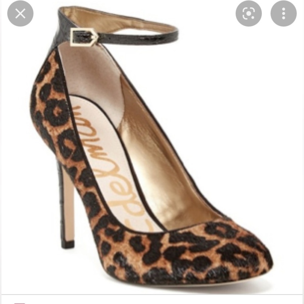 Sam Edelman Calf Fur Animal Print Pointed Toe Heels Black Ankle Strap Pumps